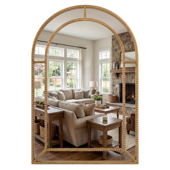 Costway 36" x 24" Gold Arched Wall Mirror with Beaded Frame for Living Room, Entryway