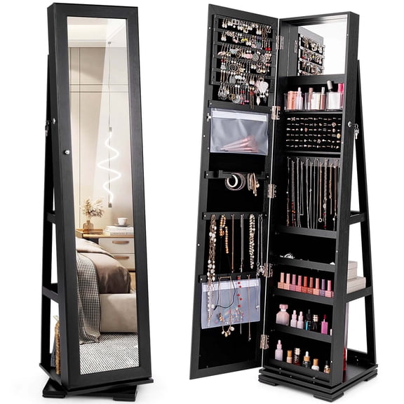 Costway 360° Rotatable Jewelry Cabinet Armoire 2-in-1 Lockable Mirrored Black
