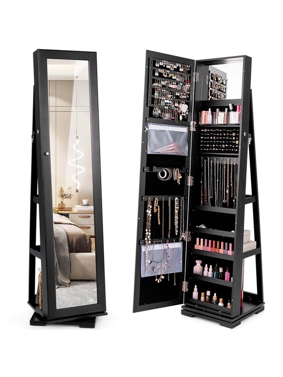 360° Rotatable Jewelry Cabinet Armoire 2-in-1 Lockable Mirrored Black