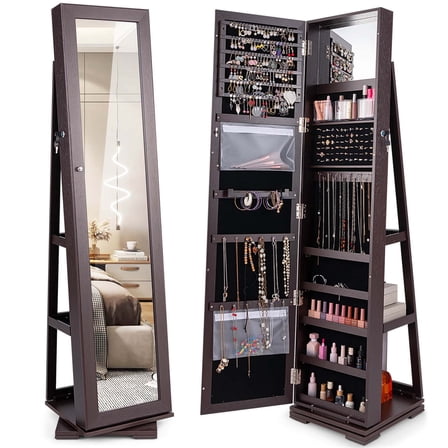Costway 360° Rotatable Jewelry Cabinet Armoire 2-in-1 Lockable Mirrored Dark Brown