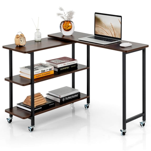 Costway 360° Rotatable Sofa Side Table L-shaped Laptop Desk Snack Table withShelf Patented Walnut