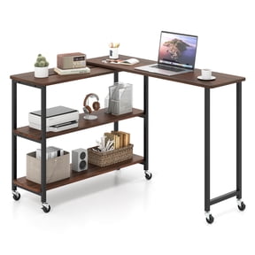 Costway 360° Rotation Mobile Laptop Table with 2-Tier Storage Shelves & 6 Universal Wheels Walnut