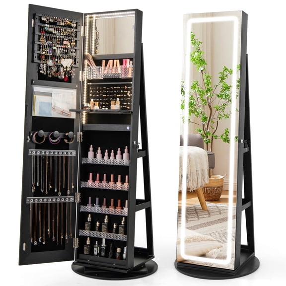 Costway 360° Swivel Jewelry Cabinet Organizer 3-Color LED Mirror with Built-in Lights Black