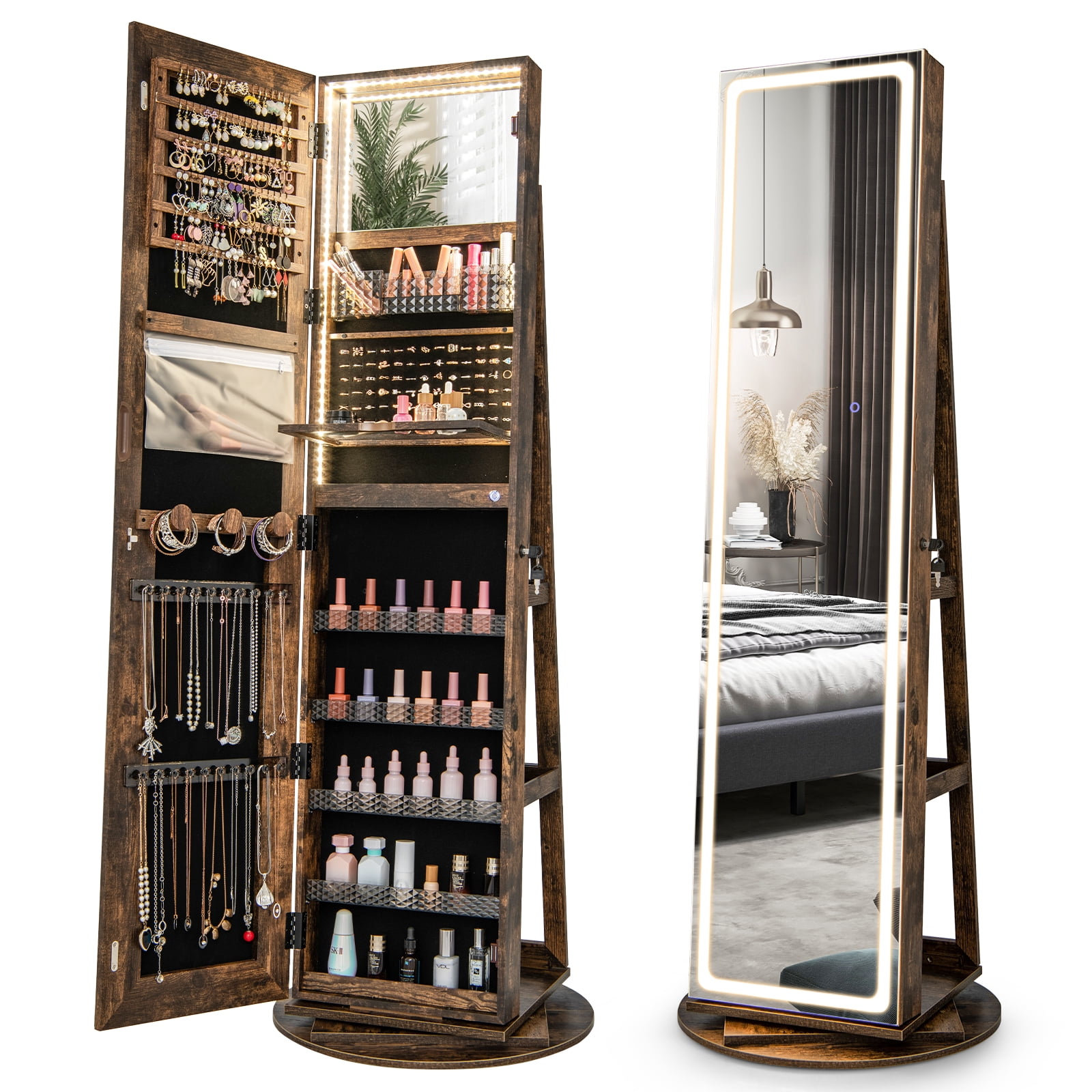 Costway 360° Swivel Jewelry Cabinet Organizer 3-Color LED Mirror with Built-in Lights Coffee