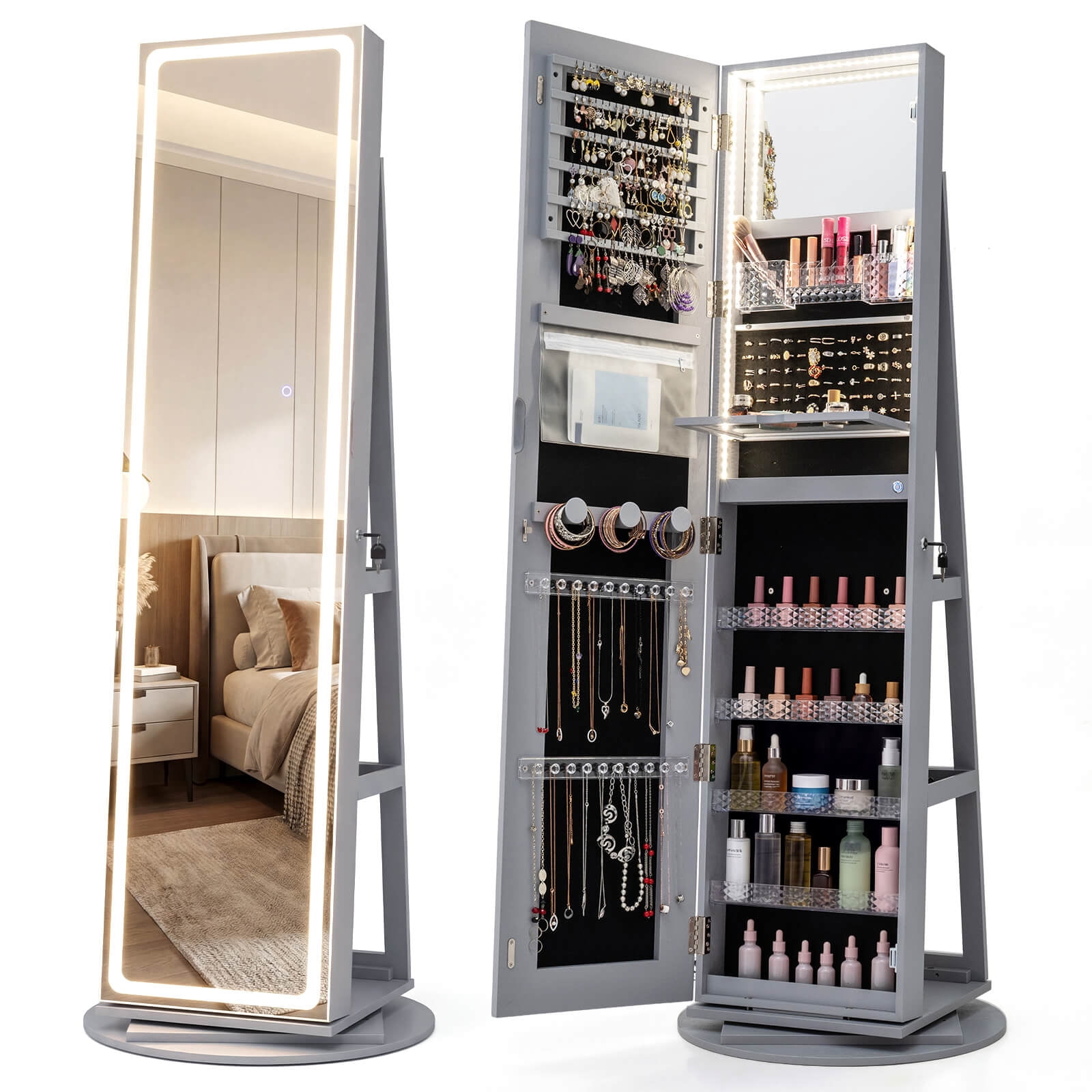 Costway 360° Swivel Jewelry Cabinet with LED Lights, Full-Length Mirror & Makeup Mirror Gray