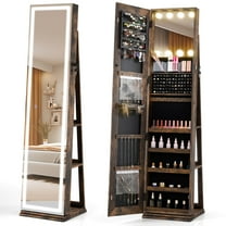 Costway 360° Swivel Jewelry Cabinet with Lighted Full Length Mirror & Back Shelves, Lights Brown