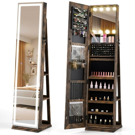Costway 360° Swivel Jewelry Cabinet with Lighted Full Length Mirror & Back Shelves, Lights Brown