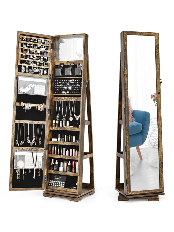 360Degree Rotatable Jewelry Cabinet Armoire 2-in-1 Lockable Mirrored Coffee