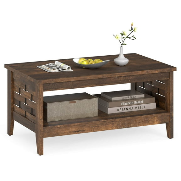 Costway 39.5” 2-Tier Coffee Table with Open Shelf Woven Decorations Storage for Living Room Brown