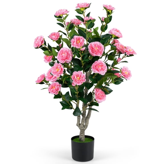 Costway 39.5” Artificial Camellia Tree, Faux Flower Plant Tree in Cement-Filled Pot Pink & Green & Black
