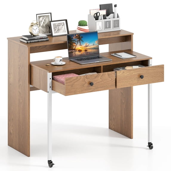 Costway 39.5" Expandable Rolling Computer Desk with Monitor Shelf 2-tier Desktop 2 Drawers Natural