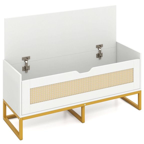 Costway 39.5 Rattan Storage Chest with Padded Seat, Flip-Top and Safety Hinges for Bedroom Gold and White
