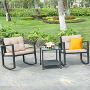 Costway 3PC Patio Rattan Conversation Set Rocking Chair Cushioned Sofa Outdoor Furniture
