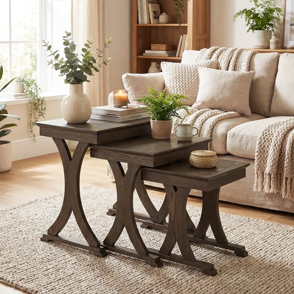 Costway 3PCS Nesting Coffee Table, Side Table with Solid Rubber Wood Legs for Living Room