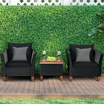 Costway 3PCS Outdoor Patio Rattan Furniture Set Wooden Table Top Cushioned Sofa Black
