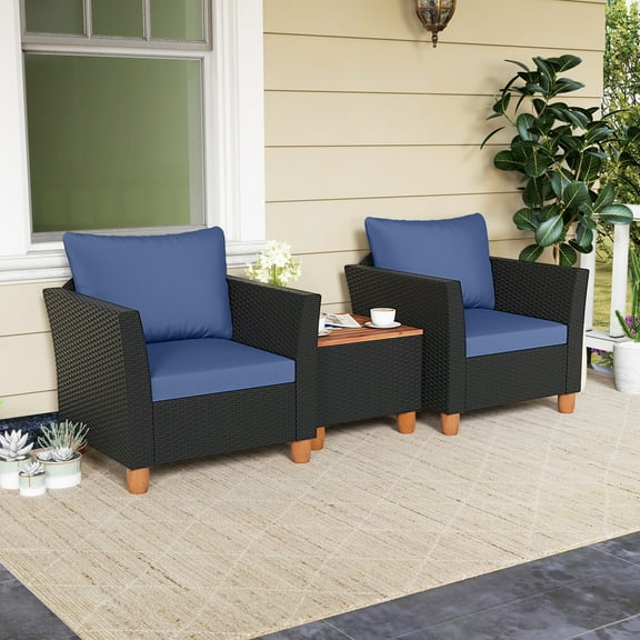 Costway 3PCS Outdoor Patio Rattan Furniture Set Wooden Table Top Cushioned Sofa Navy