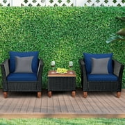 Costway 3PCS Outdoor Patio Rattan Furniture Set Wooden Table Top Cushioned Sofa Navy