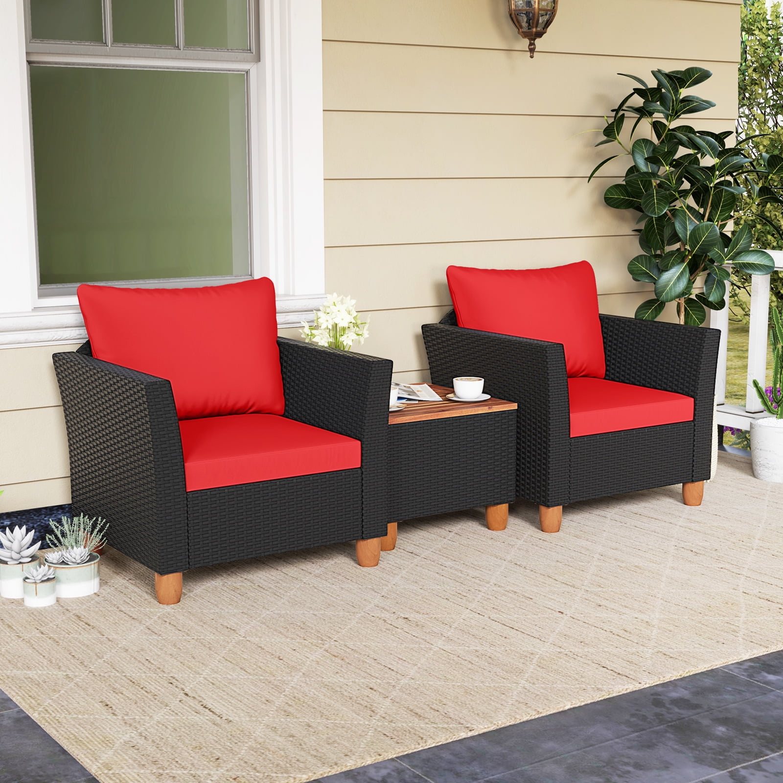 Red Cushioned Rattan Patio Set with Acacia Wood Table