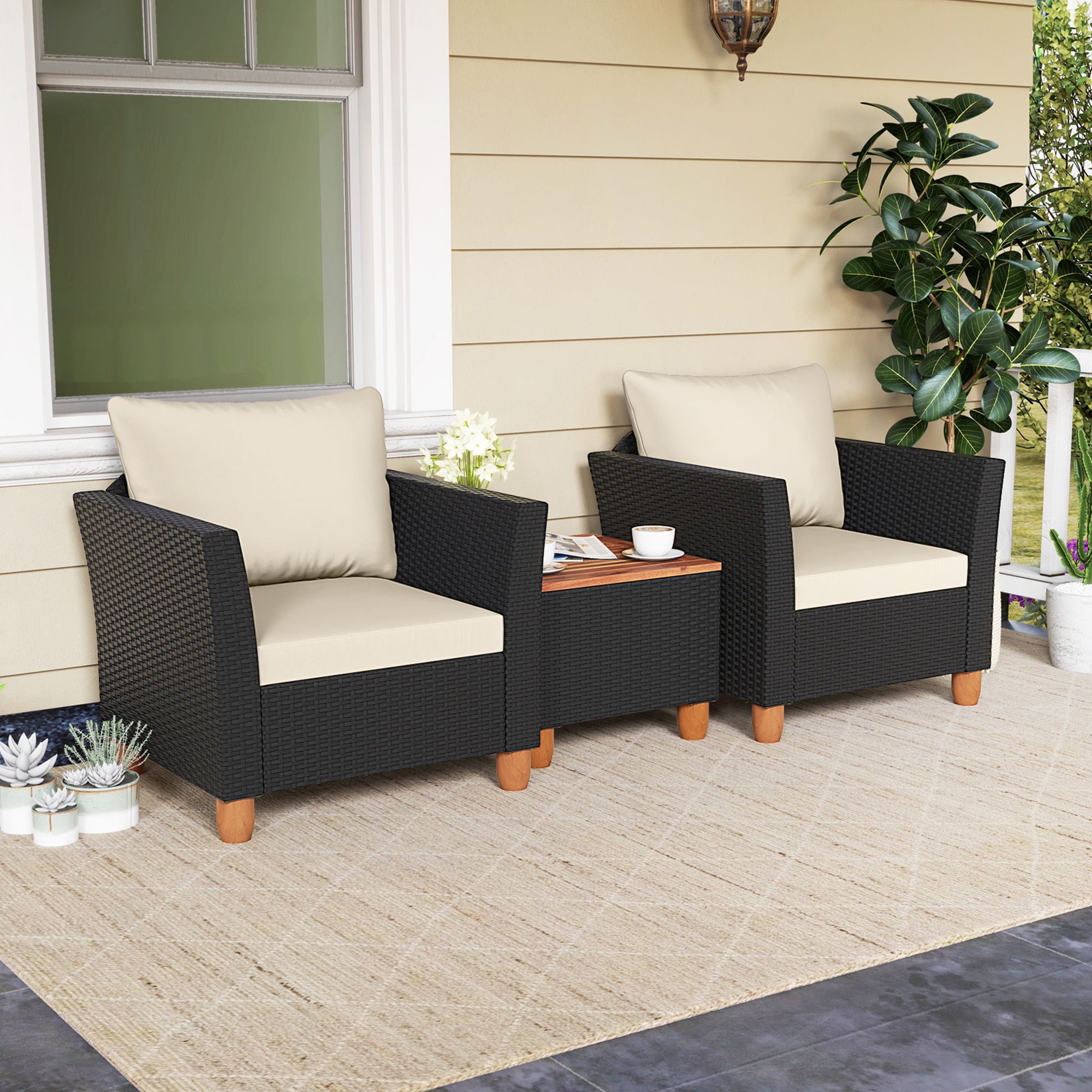 Costway 3PCS Outdoor Patio Rattan Furniture Set Wooden Table Top Cushioned Sofa White Cushion