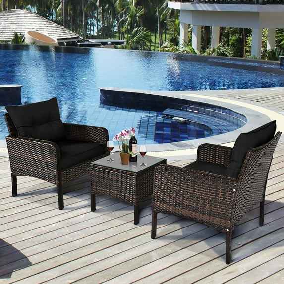 Costway 3PCS Outdoor Rattan Conversation Set Patio Garden Cushioned Sofa Chair Black