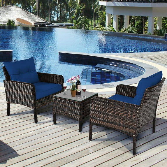 Costway 3PCS Outdoor Rattan Conversation Set Patio Garden Cushioned Sofa Chair Navy