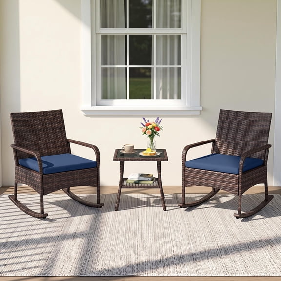 Costway 3PCS PE Wicker Rocking Bistro Set with 2-Tier Side Table, Cushions & Armchairs Mix Brown+Navy Blue