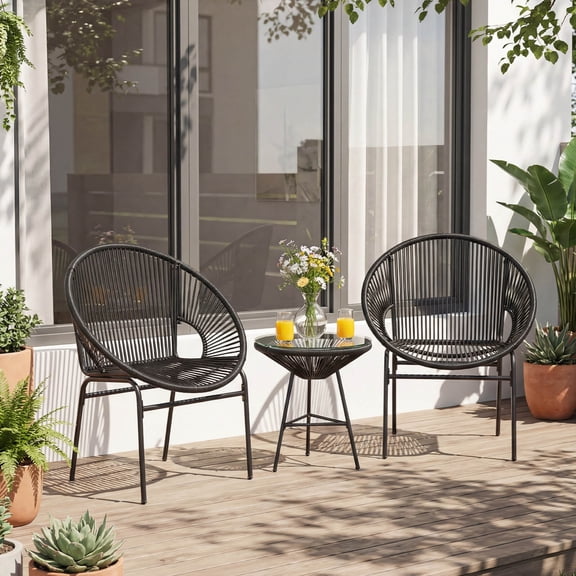 Costway 3PCS Patio Acapulco Furniture Bistro Set Plastic Rope Glass Table Black