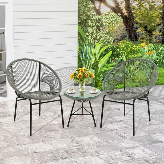 Costway 3PCS Patio Acapulco Furniture Bistro Set Plastic Rope Glass Table Grey