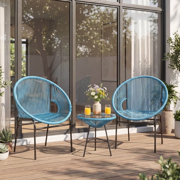 Costway 3PCS Patio Acapulco Furniture Bistro Set Plastic Rope Glass Table Turquoise