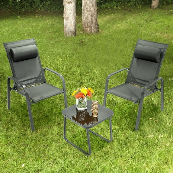 Costway 3PCS Patio Bistro Furniture Set Adjustable Back Stackable Chairs Grey