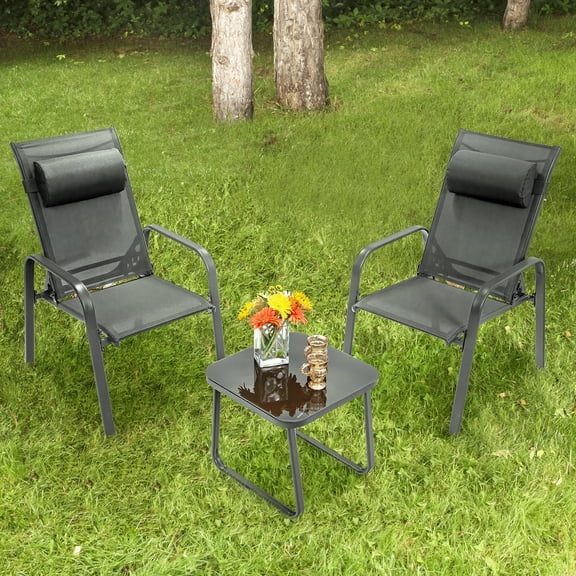 Costway 3PCS Patio Bistro Furniture Set Adjustable Back Stackable Chairs Grey