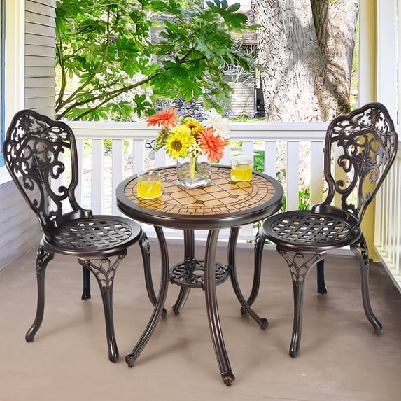 Costway 3PCS Patio Bistro Set, brown cast aluminum round table and two chairs for yard