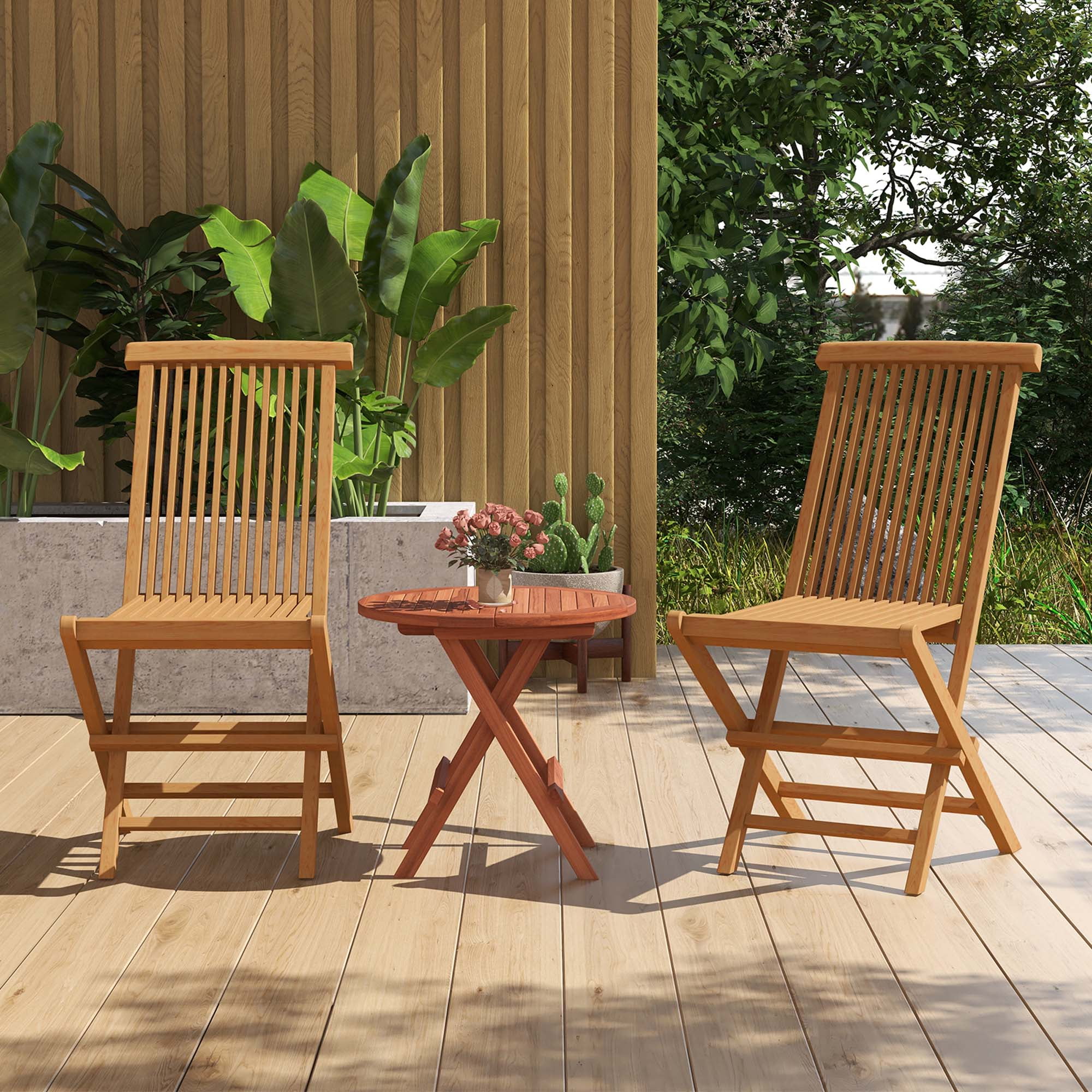 Costway 3PCS Patio Bistro Set Round Table Indonesia Teak Wood Folding ...