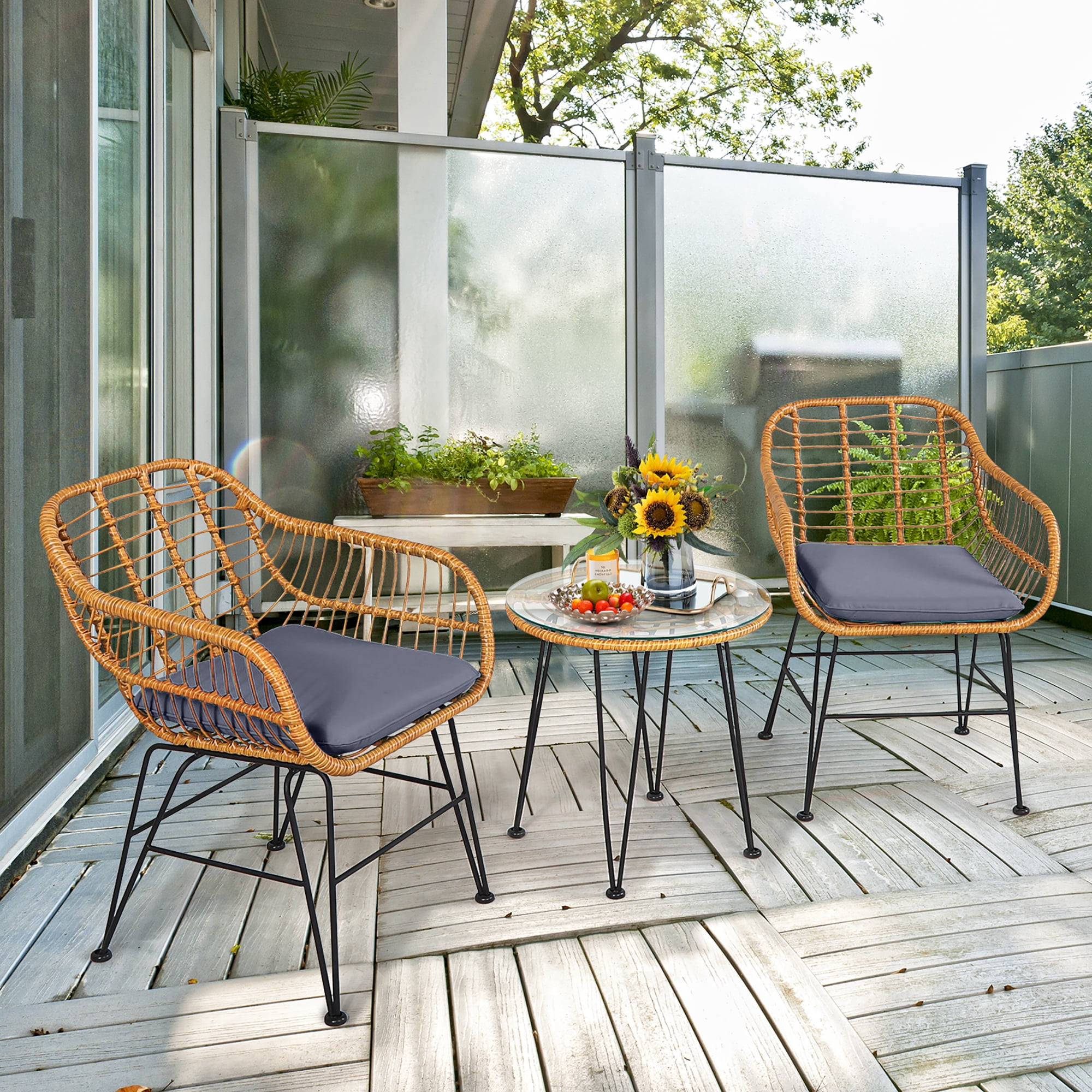 Costway 3PCS Patio Rattan Bistro Furniture Set Cushioned Chair Table Grey