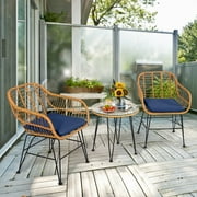Costway 3PCS Patio Rattan Bistro Furniture Set Cushioned Chair Table Navy