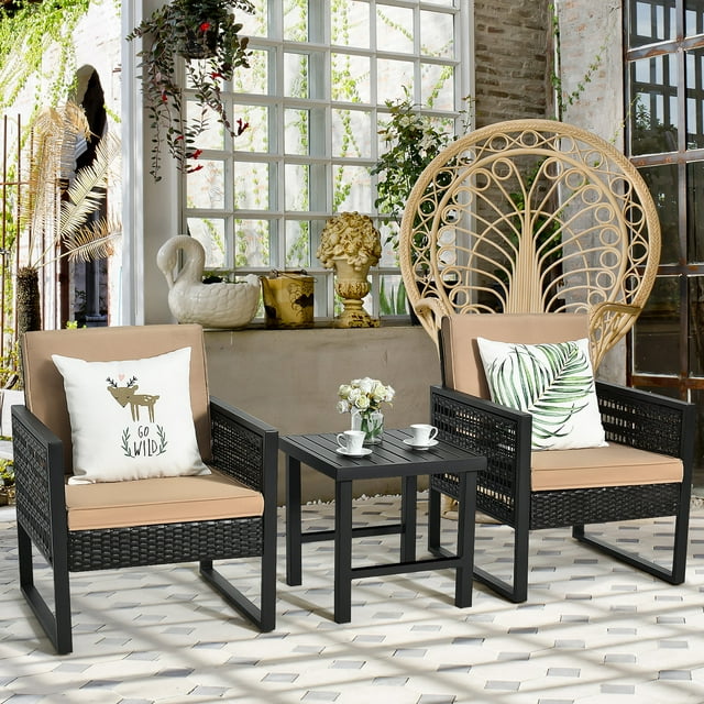 Costway 3PCS Patio Rattan Bistro Furniture Set Small Cushioned Sofa Chair For Garden W/ Coffee