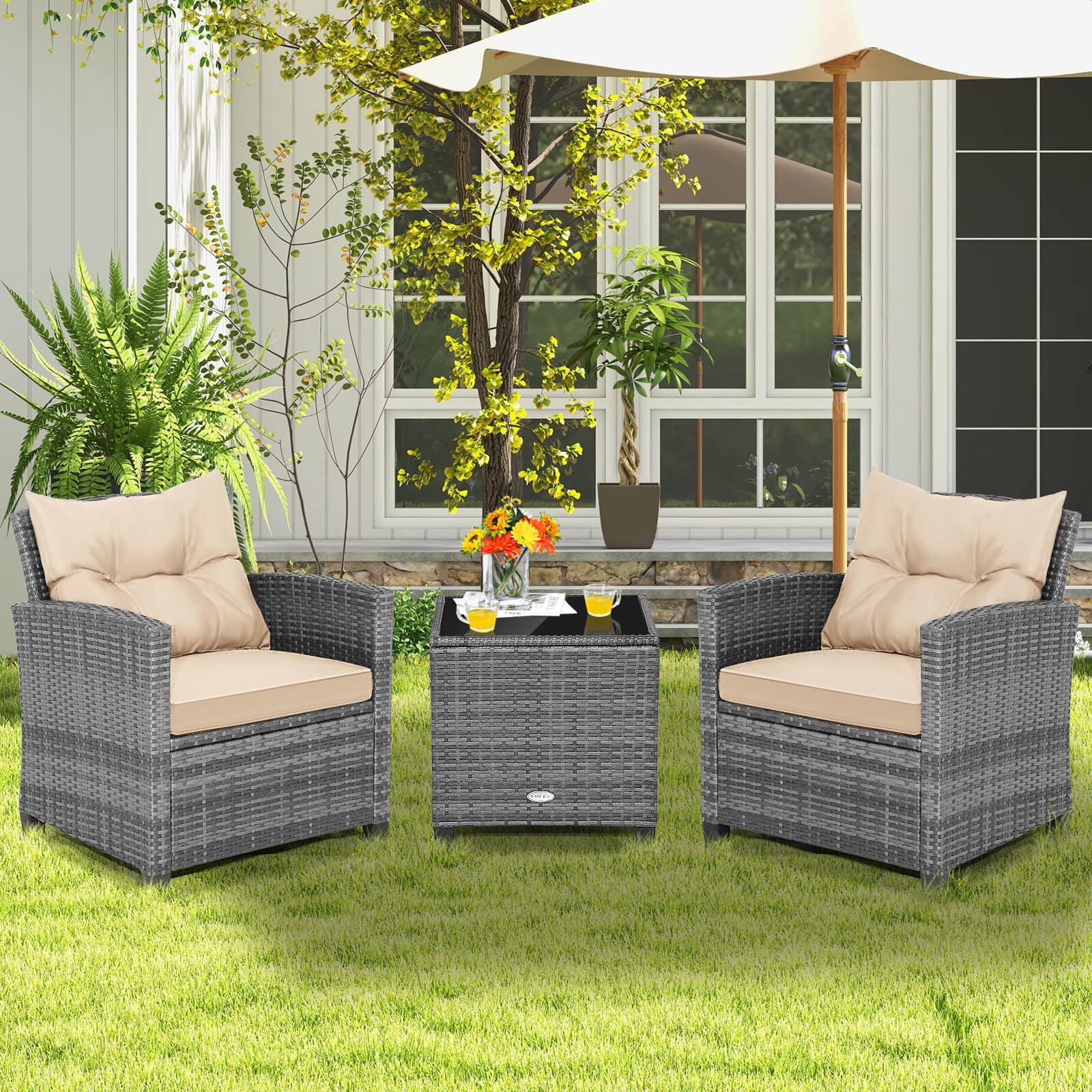 Costway 3PCS Patio Rattan Furniture Bistro Set Cushioned Sofas Side Table Armrest Mix Gray + Brown