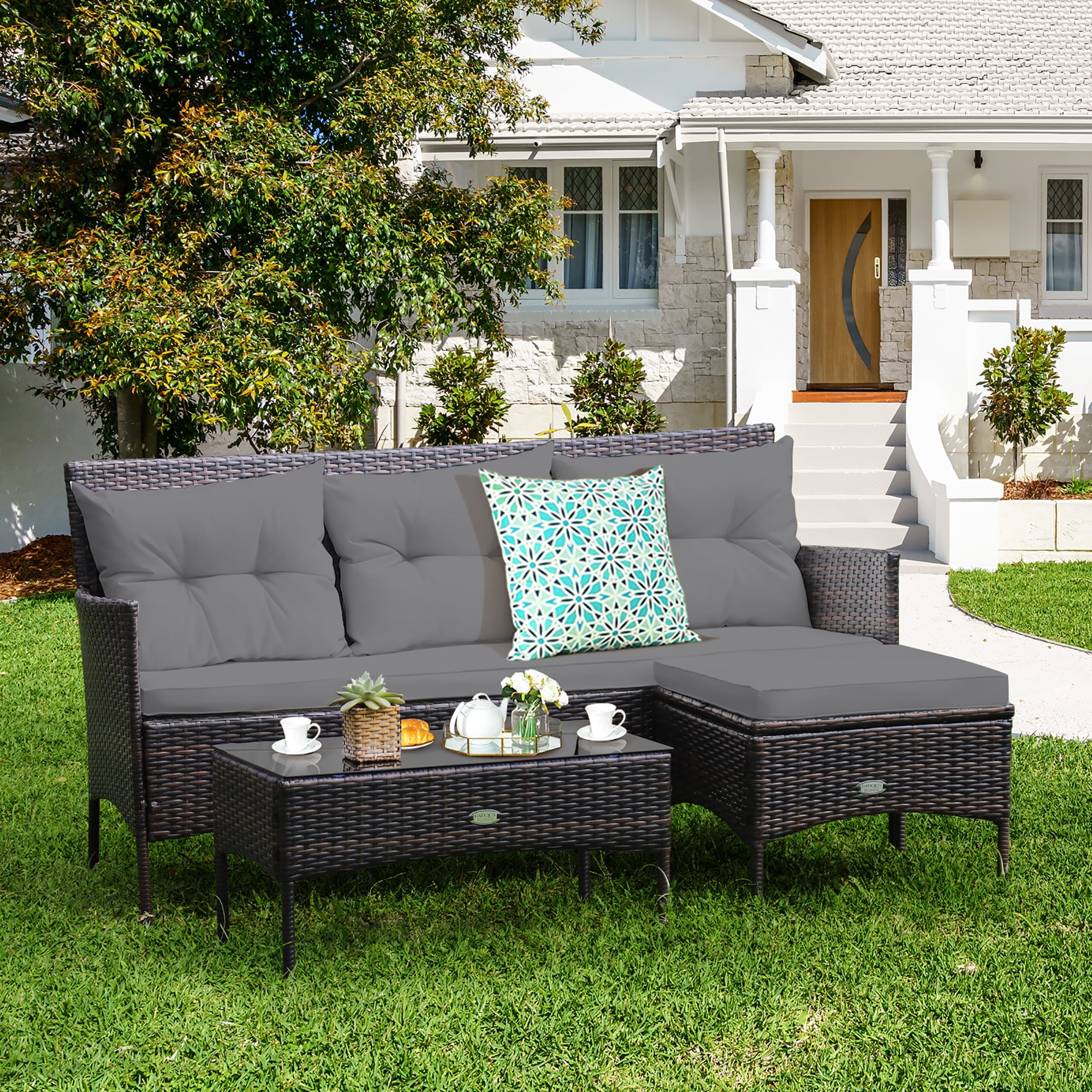 3 pcs patio rattan furniture set sofa cushioned table garden hotsell