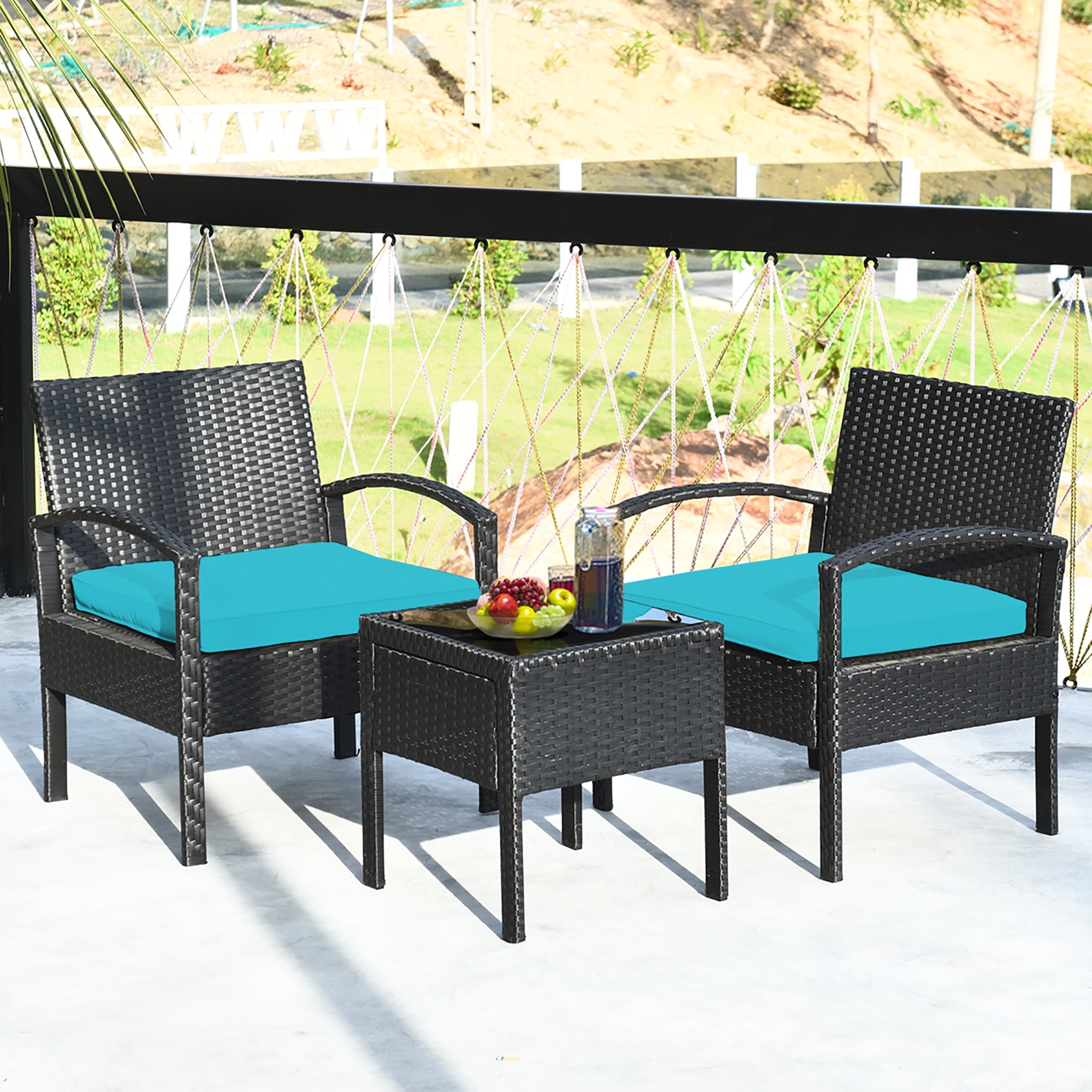 Costway 3 PCS Patio Rattan Furniture Set Coffee Table Conversation Sofa Cushioned Turquoise