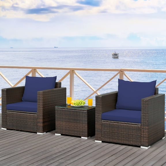 Costway 3PCS Patio Rattan Furniture Set Conversation Sofa Cushioned Navy