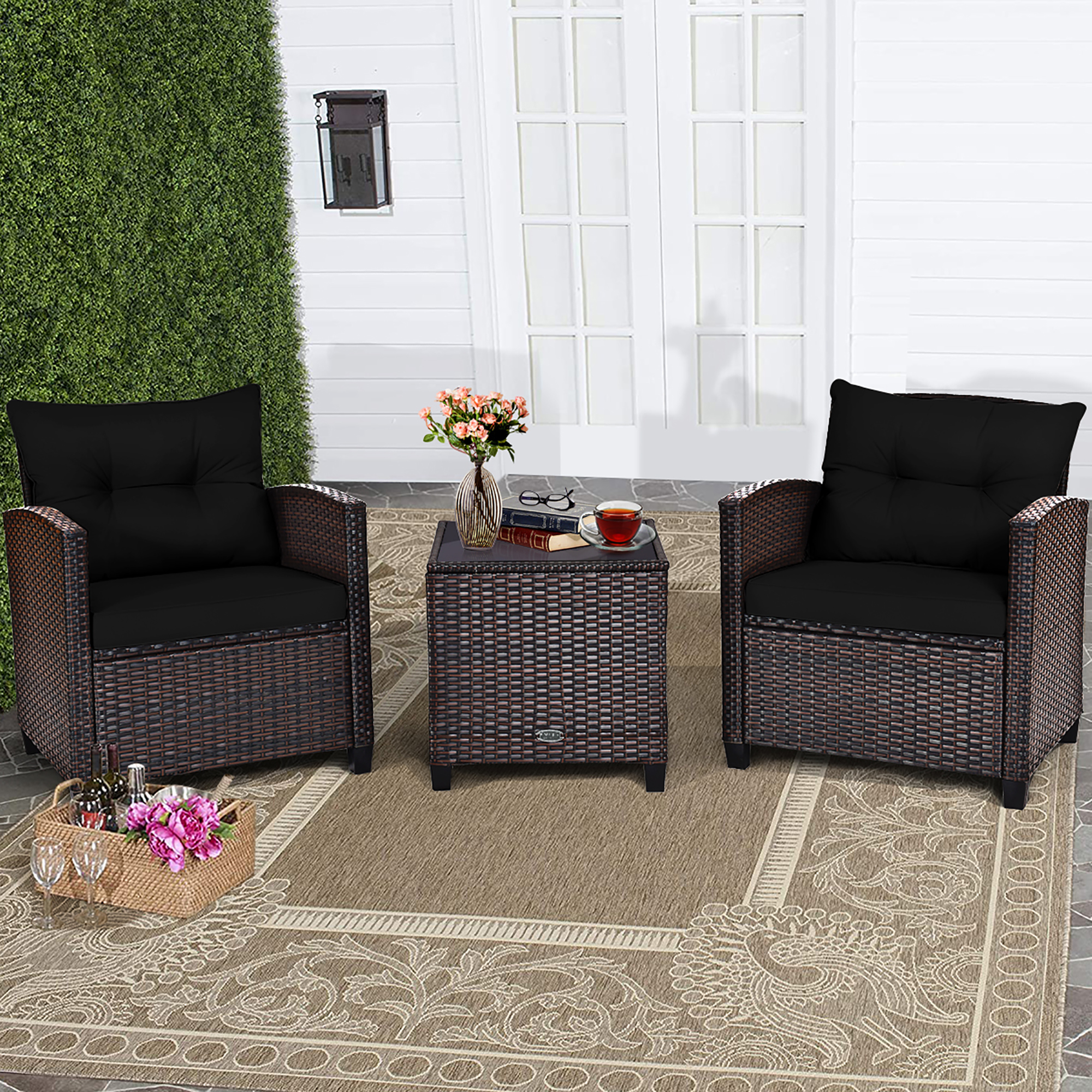 Costway 3PCS Patio Rattan Furniture Set Cushion Conversation Set Sofa Coffee Table Black - image 1 of 10