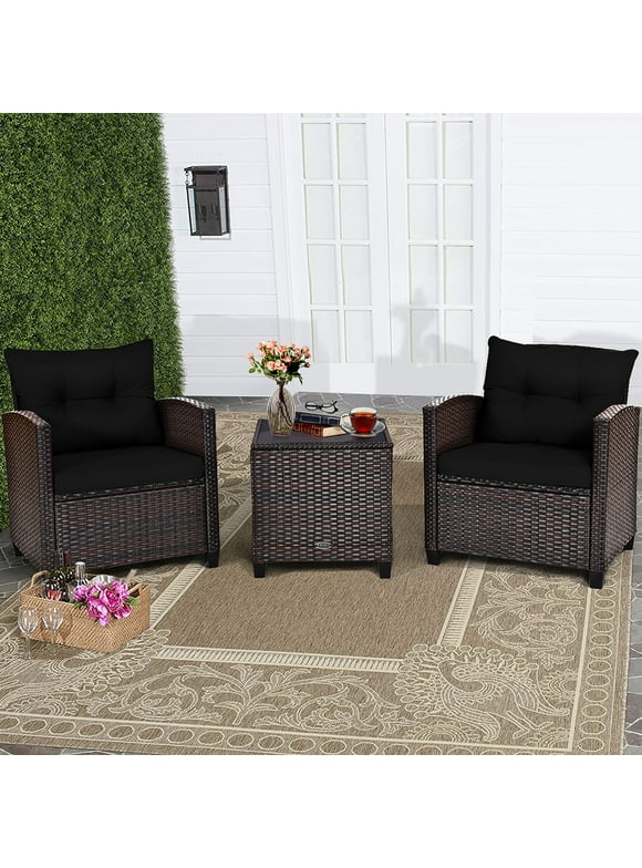 Costway 3PCS Patio Rattan Furniture Set Cushion Conversation Set Sofa Coffee Table Black