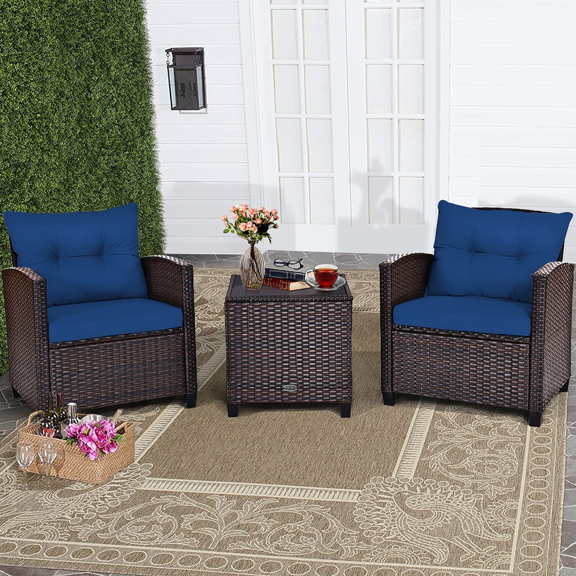 3-Piece Blue Cushioned Rattan Conversation Set with Brown Frame