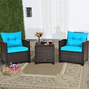 Costway 3PCS Patio Rattan Furniture Set Cushioned Conversation Set Sofa Turquoise