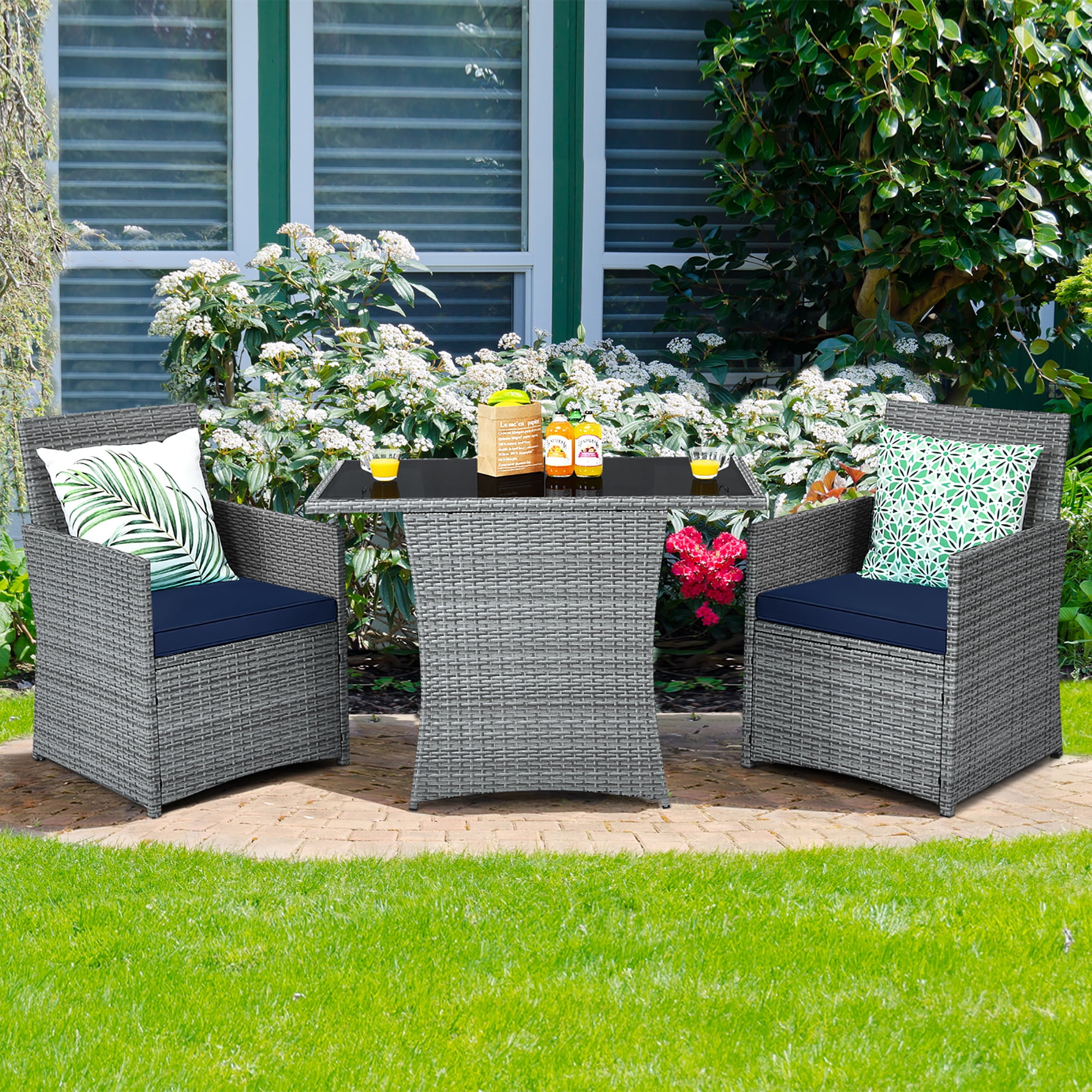 Costway 3PCS Patio Rattan Furniture Set Cushioned Sofa Armrest  Garden Navy