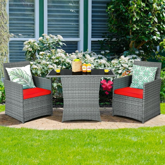 Costway 3PCS Patio Rattan Furniture Set Cushioned Sofa Armrest Garden Red