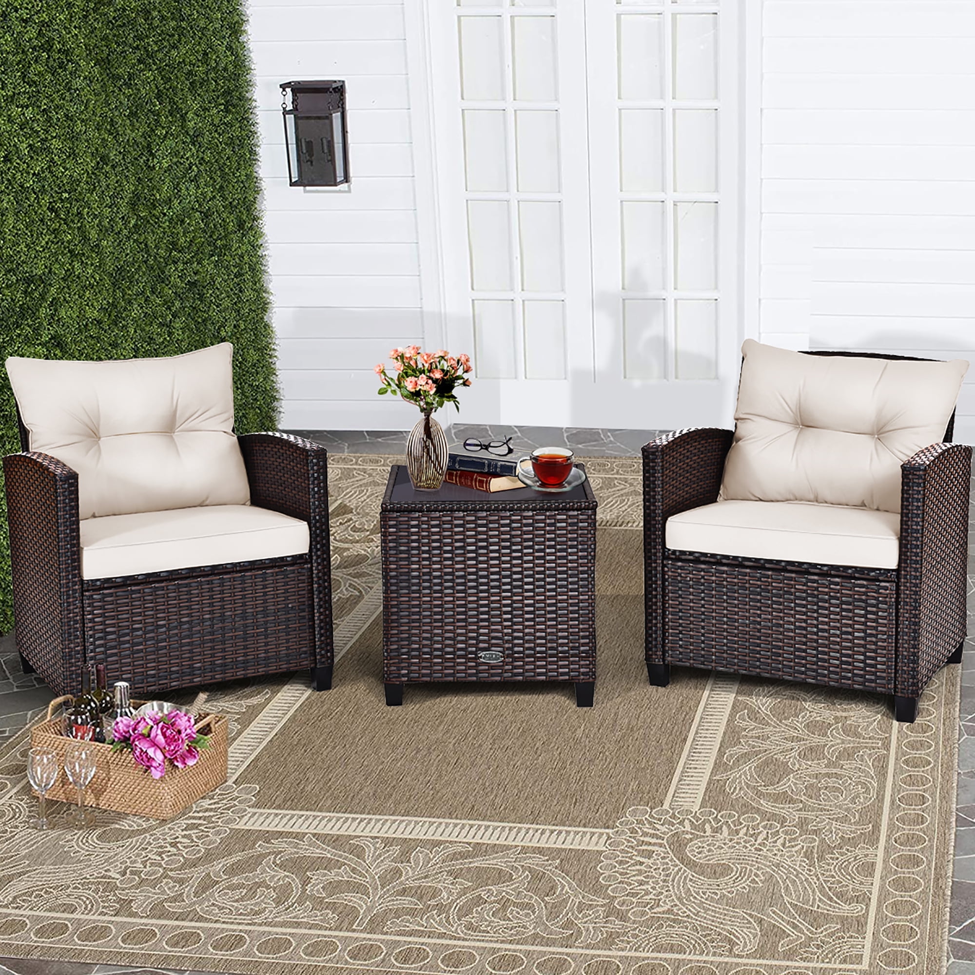3 pcs patio rattan furniture set sofa cushioned table garden deals
