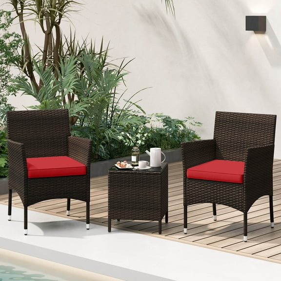 Costway 3PCS Patio Rattan Furniture Set Cushioned Sofa Glass Tabletop Deck Red