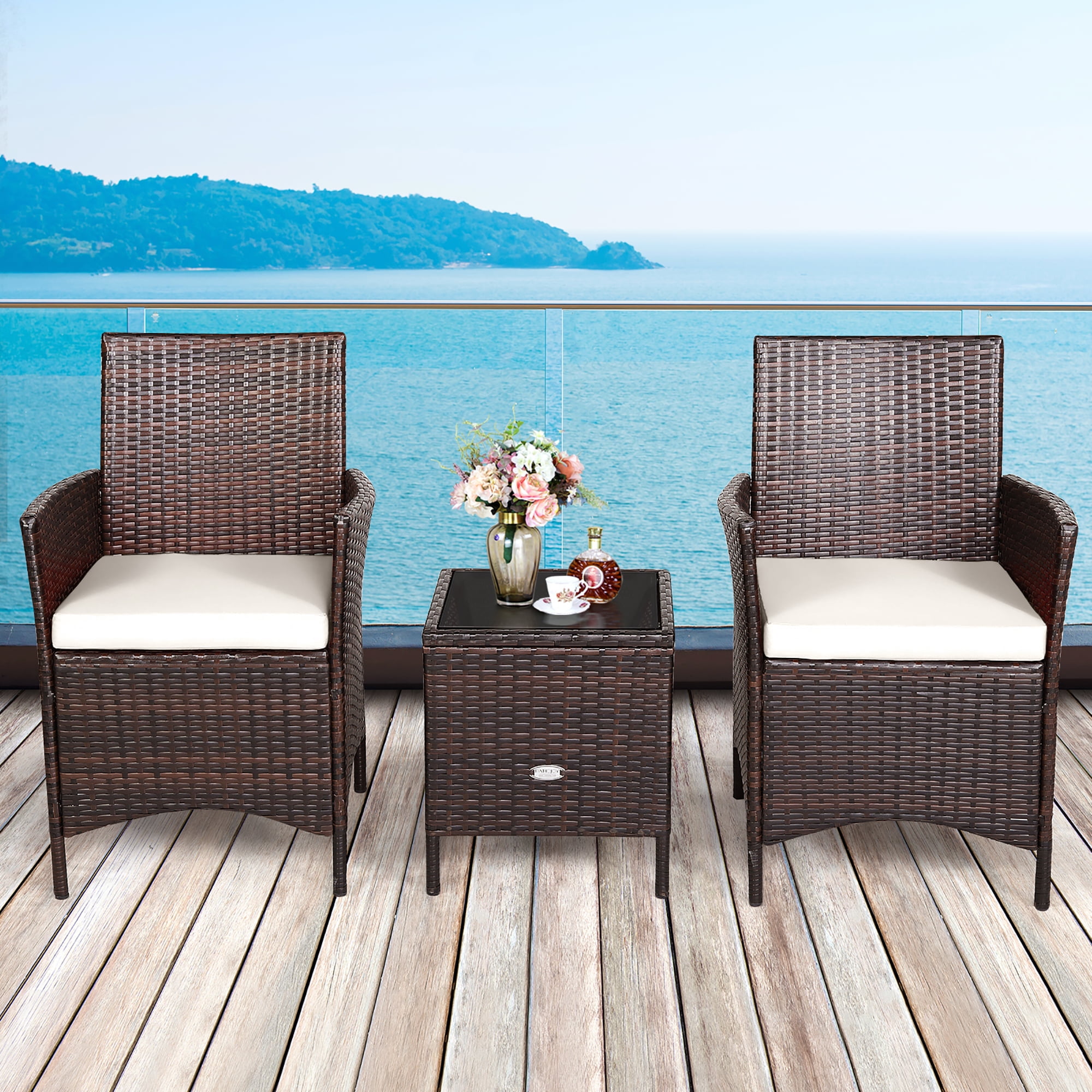 Costway 3PCS Patio Rattan Furniture Set Cushioned Sofa Glass Tabletop White