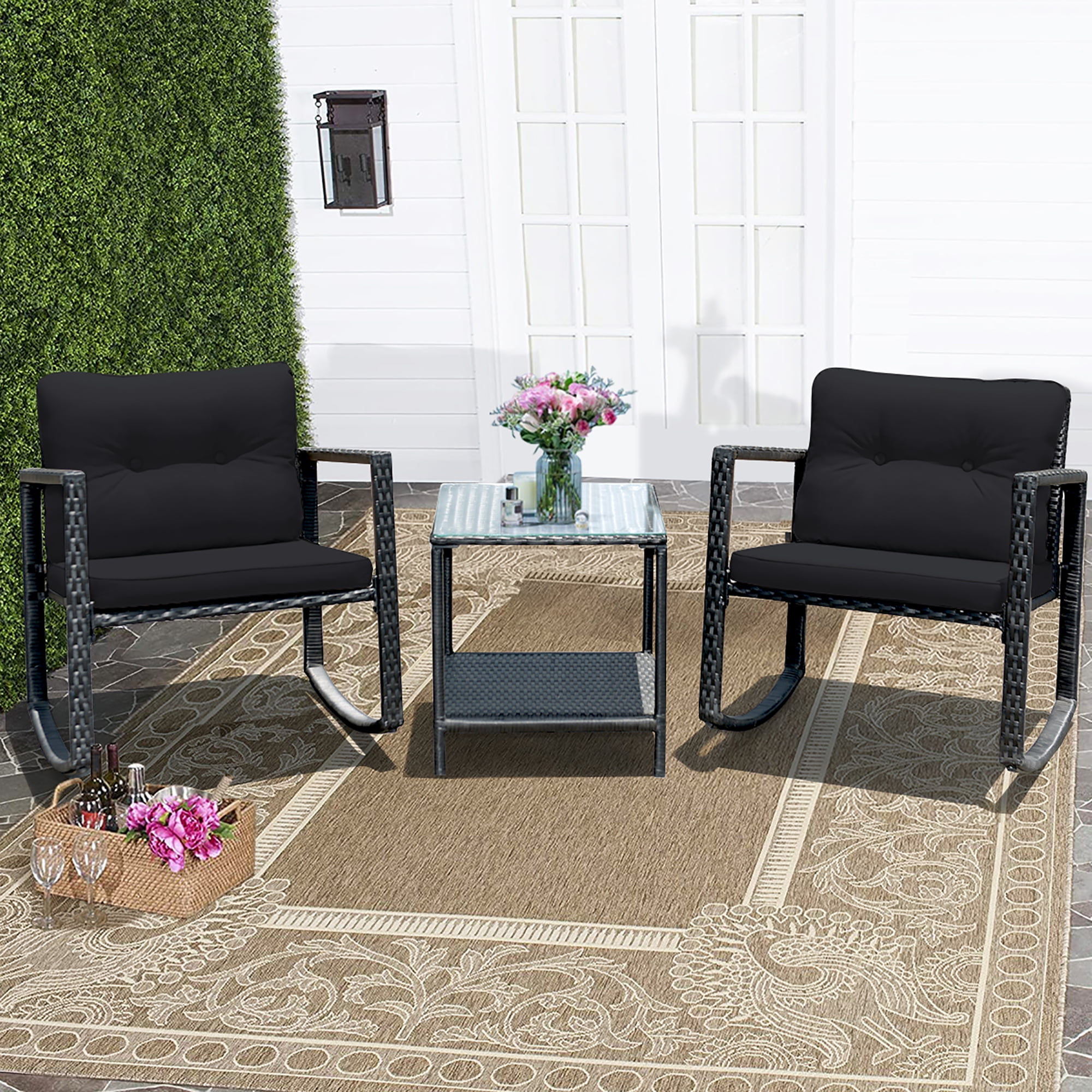 Costway Outdoor Porch 3PCS Patio Rattan Furniture Set with Rocking ...